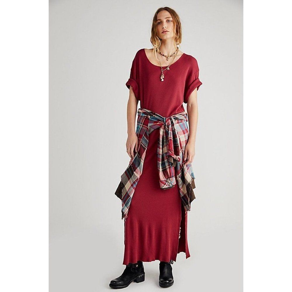NWT Vintage Souls X Free People Burgundy Solid Vortex Maxi T-Shirt Dress - L